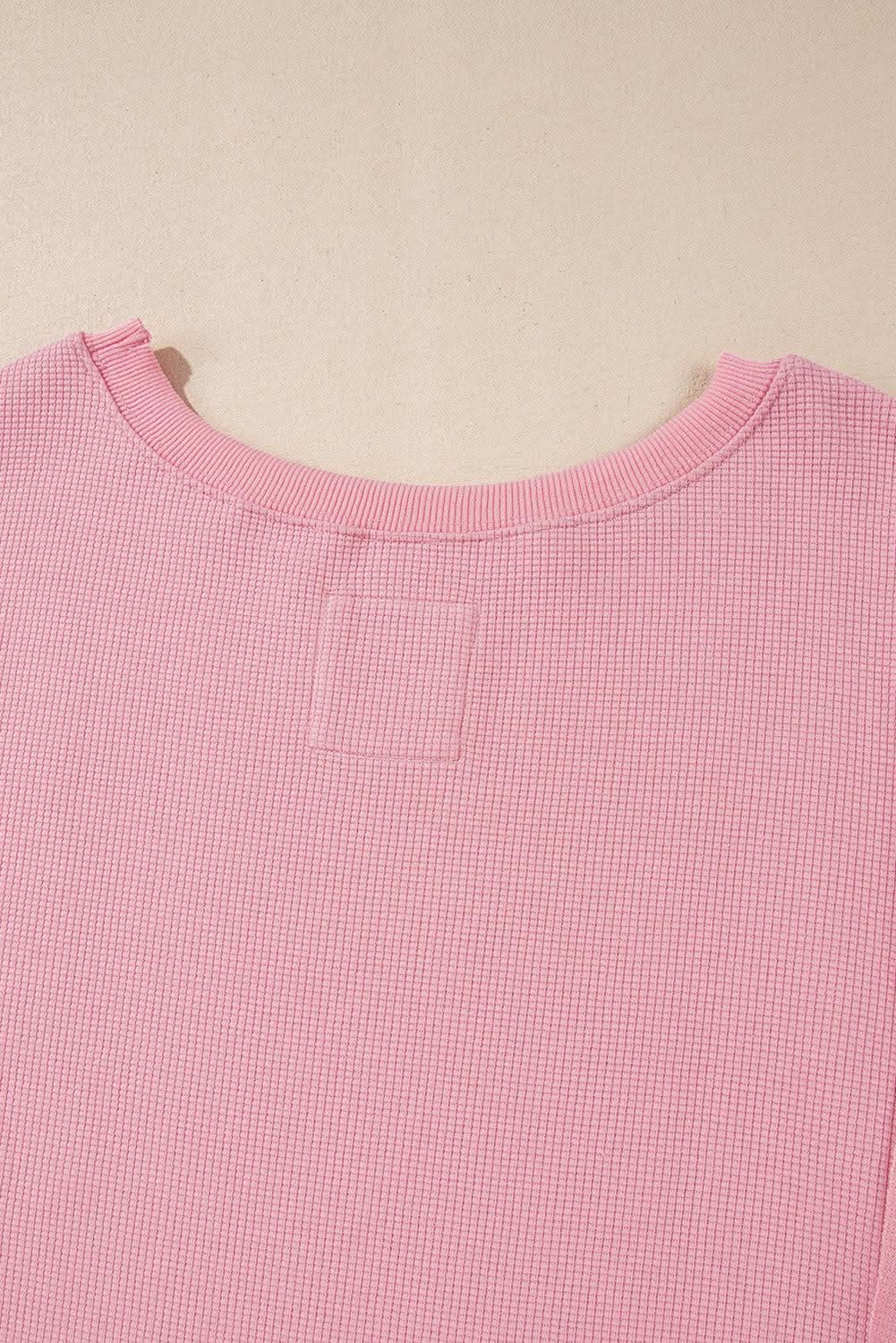 Pink Waffle Knit Bishop Sleeve Split Oversized Sweatshirt - Love Salve